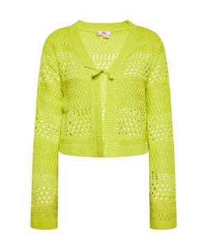 Ontdek een chique opengewerkt vest met een iets korter silhouet, een V-hals met biezen en een striksluiting aan de voorkant. Lange mouwen met gebreide boorden en rechte zoom maken de look compleet en stralen casual vrouwelijkheid uit, perfect om als laagje over elke outfit te dragen.  Vest