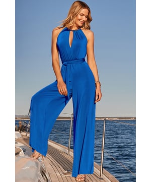Minimum effort, maximum impactSpun from slinky fabric that drapes beautifullyFramed by a luxe chain halter necklineWaist-defining tie frontElongating wide-leg cutCobalt hue looks gorgeous with gold accessoriesInside leg to fit: 27"