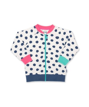 95% organic cotton 5% elastane | Proud to be certified to the Global Organic Textile Standard (GOTS) | Big spot all-over print | Cream and navy blue | French terry loop back fabric (240-250 gsm) | Zip through with Kite zipper pull | Long sleeved | Ribbed low cut standing collar | Contrast ribbed neck, cuffs and hem | Made in Turkey | Machine washable at 40 degrees, or at 30 degrees to be kinder to the planet