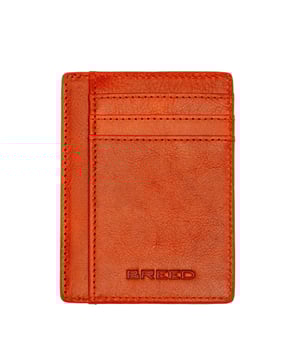 Longitud: 109 mm; Ancho: 76 mm; Altura: 6 mm; Material: Cuero genuino; Color: Naranja; Bolsillos: 3; Portacarnets: 4; Ventana para identificación: Sí; Bloqueo RFID: Sí
