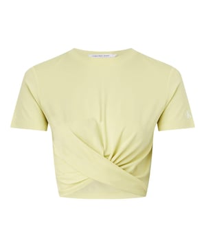 T-Shirt Calvin Klein Twisted Cropped Damen Gelb Baumwolle. Authentisches Kleidungsstück der Marke Calvin Klein - Streetwear/Sportswear-Design von Calvin Klein - Calvin Klein für Damen, perfekt für den Alltag - T-Shirt Calvin Klein in Gelb lässt sich hervorragend mit dem Rest Ihrer Garderobe kombinieren - bequeme Baumwollqualität - klassisch - Twisted Cropped -