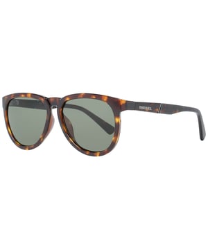 Die Diesel Sonnenbrille DL0272 52N Dark Havana Green ist ein einfaches Modell mit abgerundeten, ovalen Gläsern und einer Schlüsselloch-Brückenform. Ein typisches Diesel-Signatur diagonalen Streifen erscheint auf den Armen mit neben dem Diesel-Logo.
