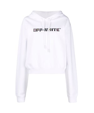 Bleiben Sie warm und stilvoll mit diesem Off-White Hoodie. Mit seinem modernen Design und dem ikonischen Logo wird dieser Kapuzenpullover mit Sicherheit für Gesprächsstoff sorgen. Zeigen Sie Ihren einzigartigen Stil!, OW-Logo auf der Brust, verstellbare Kapuze mit Kordelzug, große Kängurutasche vorne, normale Passform, 100 % Baumwolle, hergestellt in Italien, Streetwear, weißer Kapuzenpullover, Kapuzenpullover