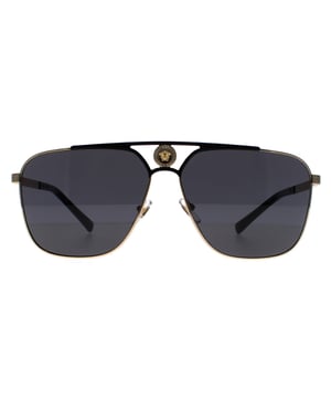 Versace Rectangle Mens Gold and Matte Black Dark Grey VE2238  Sunglasses are a trendy and fashionable eyewear option that combines style with function. The iconic Medusa head emblem and metal detailing add a touch of sophistication to the design, while the adjustable nose pads provide a comfortable and secure fit.