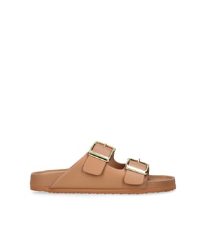 This KG Kurt Geiger Ramona slip on sandal features a camel upper with two straps across the foot. The straps each feature a large buckle which can be adjusted.
