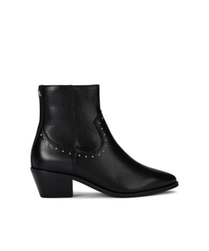 This Kurt Geiger Stud Western boot features a black leather upper which is embellished with silver studs mirroring the stitching detail. Heel height: 5cm.