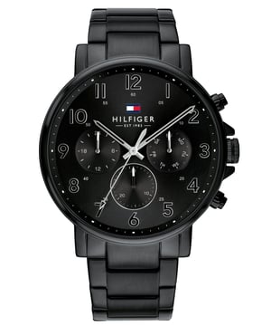 This Tommy Hilfiger Daniel Multi Dial Watch for Men is the perfect timepiece to wear or to gift. It's Black 44 mm Round case combined with the comfortable Black Stainless steel will ensure you enjoy this stunning timepiece without any compromise. Operated by a high quality Quartz movement and water resistant to 5 bars, your watch will keep ticking. This trendy and elegant watch is the greatest gift for your family and friends -The watch has a calendar function: Day-Date, 24-hour Display High quality 21 cm length and 20 mm width Black Stainless steel strap with a Fold over with push button clasp Case diameter: 44 mm,case thickness: 10 mm, case colour: Black and dial colour: Black