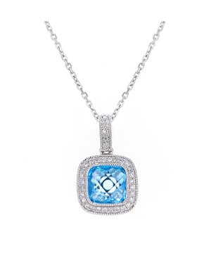 Oro blanco de 9 quilates (375): 1,38 g; # Diamante: 0,1 quilates; # Topacio azul: 1,75 ct