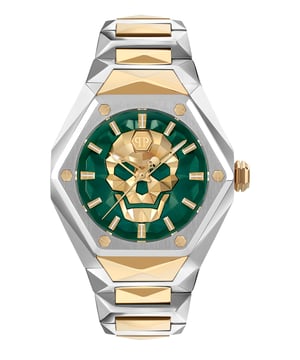 This Philipp Plein The $kull Spikes Analogue Watch for Men is the perfect timepiece to wear or to gift. It's Silver 45 mm Round case combined with the comfortable Multicolour Stainless steel watch band will ensure you enjoy this stunning timepiece without any compromise. Operated by a high quality Quartz movement and water resistant to 5 bars, your watch will keep ticking. A new legendary watch is born and it’s ready to shock the world.   The Philipp Plein $kull Spikes is the icing on the cake of your collector status in the exclusive Philipp Plein universe. This Analogue watch has a  function: Luminous Hands and Luminous Numbers High quality 21 cm length and 24 mm width Multicolour Stainless steel strap with a Deployment clasp Case diameter: 45 mm,case thickness: 12 mm, case colour: Silver and dial colour: Green