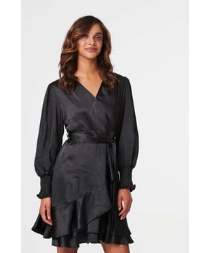 Add a short style to your dress collection with this frill detail wrap dress. It has a V-neck with a wrap front, a detachable self-tie belt, long sleeves with wide shirred cuffs and a frilled layered hem falling just above the knee. Pair with neutral heels for an elegant style that's great for dinner out with friends.