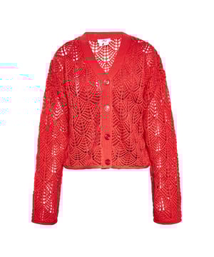 Ontdek een chique toevoeging aan je garderobe met dit opengewerkte vest. Dit button-down-stuk heeft een kortere snit, een V-hals, lange mouwen en een charmant ontwerp. Het ingewikkelde breipatroon zorgt voor een doorschijnend effect, perfect om in stijl te dragen. Dit lichtgewicht vest straalt casual elegantie uit.  Vest