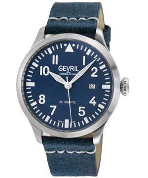 Reloj automático suizo Gevril 43503 para hombres de la colección Vaughn
Reloj automático suizo para hombres Gevril de la colección Vaughn
Caja redonda de acero inoxidable 316L de 44 mm, esfera azul, manecillas luminosas
Fecha a las 3 en punto, parte trasera transparente
Corona de empuje y tracción
Correa genuina de cuero italiano azul con hebilla de lengüeta
Cristal de zafiro anti-reflectante
Resistente al agua hasta 50 metros/5ATM
Movimiento automático suizo made, Sellita SW200