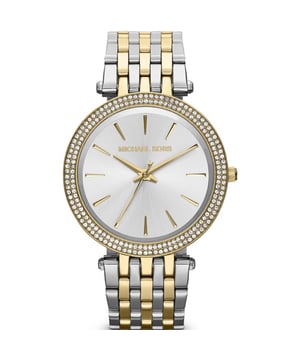 Shop Damesmode Michael Kors horloge, MK3215 Only �190 EAN 4053858010642 in prachtig tweekleurig verguld ontwerp met glinsterende stenen bezel. Uitgevoerd in een elegante zilverkleurige wijzerplaat met goudkleurige uurmarkeringen en slanke goudkleurige wijzers.