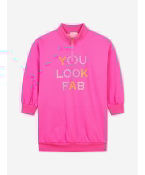 Billieblush deliver a fun enigmatic attitude to their stylish abstracts. This girls neon pink sweater dress is manufactured in a beautiful jersey texture design. It showcases a self-inspiring, 'You Look Fab' multicoloured slogan print with a short front zip fastening and high neck. ‚ Long Sleeves‚ Ribbed Cuffs and Hem‚ Polyester 70%, Cotton 28%, Elastane 2%
