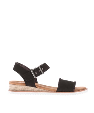Womens Skechers BOBS Desert Kiss Adobe Princess Sandals in black.- Canvas upper.- Adjustable ankle strap.- Open toe.- Frayed details.- Cushioned Memory Foam footbed.- Flexible rubber traction outsole.- Ref: 113541BLK