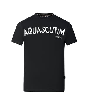 Aquascutum Distorted Logo Black T-Shirt. Feel the power of heritage in this iconic Aquascutum Distorted Logo Black T-Shirt. Soft and breathable with a crew neck and short sleeves, this T-is perfect for casual summer days. With its Aquascutum Distorted Logo, start each day with a classic!. Aquascutum Distorted Logo Black Tee, Crew Neck, Short Sleeves. Stretch Fit 95% Cotton 5% Elastane. Regular Fit, Fits True To Size. Style TSIA106 99