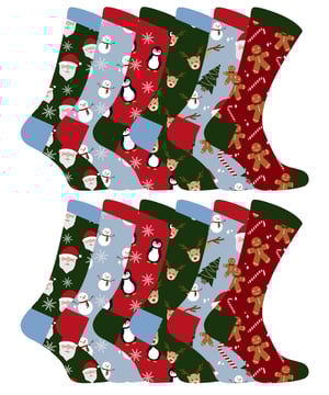 If you're looking for a gift that your kids will love, look no further! Our own branded Sock Snob Kids Christmas Socks are the perfect stocking stuffers for your little ones this holiday season. They come in red, green and light blue colours so they'll go with any outfit. Each pair comes with a festive design which include: Santa Claus, Snowmen, Penguins, Reindeer, Christmas Trees and Gingerbread Men! They're just waiting to keep their feet warm and comfy through the holiday season. Made from cotton rich fibres and are designed to be full of comfort on little feet and have a comfort top to keep them in place. These would make a great stocking filler and you can choose from a range of multipack options: 6 pairs, 12 pairs or 24 pairs - so you can get even more bang for your buck! We all love a little bit of Festive cheer at Christmas time, and these Children’s Festive Christmas Socks from Sock Snob are the perfect way to add some festive colour to their wardrobe. If you're looking for the perfect Xmas gift for your little ones or for someone else's children, look no further than our Kids Festive Christmas Socks from Sock Snob. These socks come in packs of 6, 12, or 24 Pairs, with many festive patterns per pack. They’re made from 51% Cotton 31% Nylon 16% Polyester 2% Elastane, are available in 2 sizes: 9-12 UK (27-30 EUR, 10-1 US) and 12-3 UK (30-36 EUR, 13-4 US) and are machine washable..