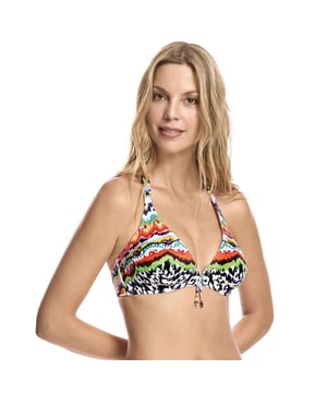 Top bikini de la marca ORY.
El baño de Ory es, rotundamente, para mujeres que saben lo que quieren. Unos bañadores y bikinis preciosos, llenos de fantasía pero a la vez súper corseteros. Este catálogo de baño está creado para mujeres de pecho medio a a abundante que buscan belleza y buena sujeción.

Favorecedor Top de bikini con escote ampliado, copas de foam, y detalle decorativo de nudo entre las copas.
Sin almohadillas integradas.
Tirantes fijos.
Cierre de clip.
Tejido de vanguardia con un alto poder moldeador, con una alta resistencia al cloro, cremas y aceites bronceadores y excelentes propiedades de absorción de la humedad.
 Composición: Forro exterior: 80% Poliamida, 20% Elastano; Forro interior: 38% Poliéster, 30% Elastano, 16% Poliamida, 16% Lycra.
 Cuidados:
Lavar a mano.
No usar lejía.
No permite el uso de secadora. 
No permito el uso de plancha.
No retorcer para escurrir.