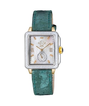 The picturesque city of Bari Italy provided the inspiration for the popular ladies GV2 Bari Collection Known throughout the world as the city of St Nicholas, it is no surprise that the historic town would continue to inspire the designers.
The new line extension retains the Bari’s sophisticated rectangular mother-of-pearl dial embellished with eighteen glittering diamonds indices; adding a well placed sixty-second sub dial. This Bari collection has been fitted with a beautiful pumpkin shape crown topped with a Diamond Cut Bezel CaseGV2 9255 Women's Bari Swiss Quartz Diamond Watch

GV2 Women's Swiss Watch from the Bari Collection
37mm Square Silver Diamond Cut Bezel Case/ Push Pull Crown
White MOP dial with 18 diamonds Single Cut G/H Color
Second Hand Sub Dial
Genuine Handmade Italian Green Strap with Tang Buckle
Anti-reflective Sapphire Crystal
Water Resistant to 50 Meters/5ATM
Swiss Quartz Movement Ronda 1069