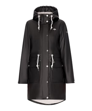 Entdecken Sie den ultimativen Regenmantel, der Stil und Funktion mühelos vereint. Diese Parka-Jacke verfügt über eine Kapuze mit Kordelzug, einen Reißverschluss vorne mit Druckknöpfen und praktische Pattentaschen. Die normale Passform und der Kordelzug an der Taille sorgen für einen maßgeschneiderten Look, während das wasserdichte Material (3000 mm) dafür sorgt, dass Sie im Freien trocken bleiben. Mit verschweißten Nähten und Stehkragen ist diese Langarm-Outwear sowohl stilvoll als auch funktional.  Regenmantel