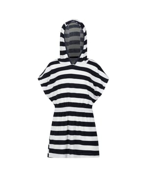 Material: 100% Polyester. Fabric: Towelling. 220gsm. Design: Contrast Striped. Fabric Technology: Quick Dry. Elasticated Waist. Neckline: Hooded. Sleeve-Type: Cape Overlay. Hood Features: Grown On Hood, Stretch Binding. Sustainability: Made from Recycled Materials.