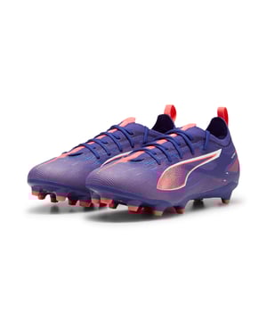 PRODUCT STORY How fast is ULTRA 5 PRO? Fasten your seatbelt. These boots feature a brand-new SPEEDSYSTEM outsole combined with FastTrax stud design for a football boot that's miles ahead of the competition. Three rounded studs on the lateral side let you switch between firm ground and artificial grass without compromising traction. Wherever you play, play at full throttle. FEATURES & BENEFITS ACCELERATION: The SPEEDSYSTEM outsole design combines a high-performance fibre base material with a revolutionary stud system, maximising energy return for faster accelerationTRACTION: PUMA's FastTrax studs are complemented with more rounded studs on the lateral side for the most optimal traction on both firm ground and artificial grassSTABILITY: PWRTAPE support frame provides targeted upper reinforcement for support and durabilityThe upper of this shoe is made with at least 50% recycled materials DETAILS Lightweight mesh upper with PWRTAPESPEEDSYSTEM outsoleRegular to narrow fitLow-cut slip-on constructionFG/AG: Suitable for use on both firm or artificial groundPUMA Youth: Recommended for older kids between 8 and 16 years