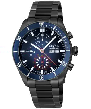 Reloj automático suizo Gevril 48623B cronógrafo para hombres de la colección Yorkville de Gevril. Caja redonda de cronógrafo de acero inoxidable satinado y pulido de 43 mm, bisel azul, esfera de azul a negro. Día y fecha a las 3 en punto. Fondo de caja transparente. Corona de rosca con logotipo Gevril. Pulsera de acero inoxidable satinado IP/BLK de 316L con cierre desplegable. Cristal de zafiro antirreflectante. Resistente al agua hasta 200 metros/20 ATM. Movimiento automático suizo ETA 7750.