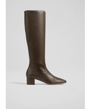 Long leather boots with a low, everyday heel, our Karen knee-high boots are a brand-new style for autumn/winter with a chic, Sixties' feel. Crafted in Italy from beautiful chocolate brown nappa leather, they have round toes, a half-zip on the inside of the leg and low, 45mm block heels wrapped in matching leather. Wear them throughout the colder months with dresses and skirts to offer extra warmth and style.