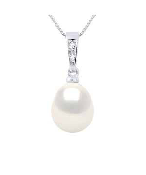 Pendant Jewellery Diamonds 0,01 Cts - Real Cultured Freshwater Pearl Pear 8-9 mm - COLOR NATURAL PEARL WHITE - White Gold - This Pendant in V shape will be delivered to you in box with a Chain Silver 925 offered for free / Length 42 cm - Delivered with Certificate of Authenticity and International Guarantee - MADE IN FRANCE