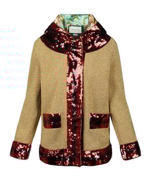 Verborgene Frontknopfverschluss; 100% Seidenfutter, 100% Polyester; Lange Ärmel Kapuzenjacke mit Paillettenstickerei; Vorderseitige Pailletten-Taschen; Chemische Reinigung