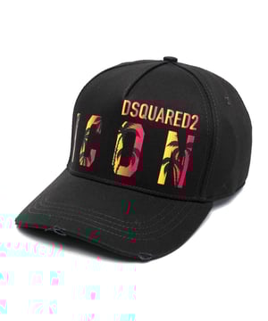 Logo-print baseball cap from DSQUARED2 featuring black, fuchsia pink, yellow, cotton, logo print to the front, embroidered logo to the rear, eyelet detailing, silver-tone hardware, adjustable strap to the rear and slip-on style.