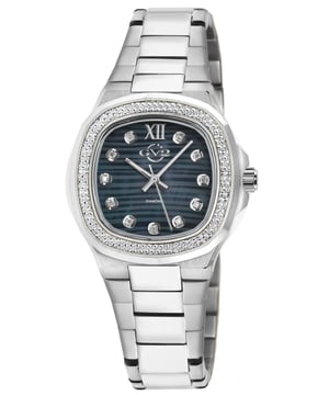 – meaning strong, powerful, solid – is a collection not for the faint of heart. With an allure that radiates the kind of power only a true lady can handle, Potente exudes undeniable strength and a divinely feminine touch.
Designed to capture the eye and command any room, the Potente Collection features an elegant mother of pearl pin cushioned textured dial surrounded by 18 brilliant diamonds, because out of great pressure
comes unmistakable beauty. The pin cushioned case and diamond cut bezel, each crafted with exemplary care, perfectly offset the classic bracelet with deployment buckle marrying ladylike and steel. With the
dynamism and stability of Swiss quartz movement, this watch is a tour de force.
The Potente Lady Collection is an unwavering masterpiece to behold. Don’t settle for anything less. Get noticed, be bold – Potente.
GV2 18200B Women's Potente Lady Swiss Diamond Watch
GV2 Women's Swiss Watch from the Potente Lady Collection
33mm 316L Stainless Steel Pin Cushioned Case, Diamond cut Bezel
Black MOP Pin Cushioned textured dial with 18 Diamonds
Push/Pull Crown
316L Stainless Steel Bracelet with Deployment Buckle
Anti-reflective Sapphire Crystal
Water Resistant to 50 Meters/5ATM
Swiss Quartz Movement Ronda 763