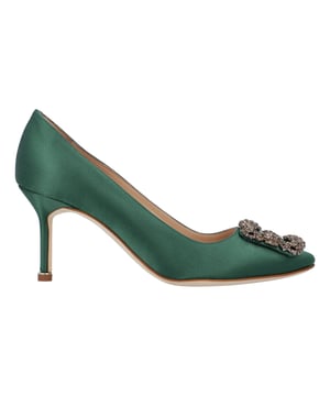 Satin almond toe pumps featuring a square crystal buckle encased in a gunmetal frame. Finished with a stiletto mid heel.

 Upper: 68% viscose, 32% silk.
Sole: 100% cow leather.
Lining: 100% kid leather.
Heel measures 70 mm.
Made in Italy.Measurments: