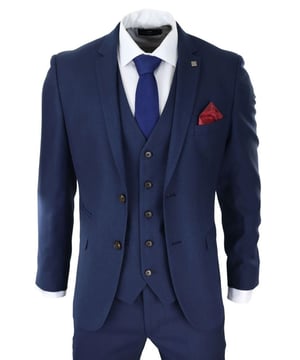 A blue suit is a key staple in every mans wardrobe and this one is no exception to this unwritten rule. Sharp, sleek and sophisticated, look the part with this premium 3 piece navy blue suit, that features a slim fit cut, with a closer fit across the chest and narrower tailored trousers. the two-button jacket hangs beautifully and has a half canvas construction that moulds to your body shape the more you wear it. Buttoned cuffs and a single back vent lend the suit a classic touch of refinement. A matching tweed waistcoat completes the 3-piece with a single breasted down style with classic tailored pockets and a back adjuster to ensure you can create your ideal fit. The suit is evergreen and contemporary at the same time and allowing you to look the best all day. Pair it with a matching waistcoat, a white shirt and shoes for a dapper finish.Perfect For Any Smart Formal Traditional Vintage Retro Themed Occasions, Such As Weddings, Proms Or Parties!.Tailored Fit (inbetween Slim & Regular) Many More Styles & Colours Available in Store!.All Trousers Can Be Adjusted At The Waist Or Length, Waist Can Be Made Smaller Upto 3" And Bigger Upto 2", Length Can Be Made Longer Upto 2" And Shorter To Any Length At Any Local Dry Cleaners Or Tailors