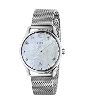The latest addition to the Gucci’s G-Timeless collection looks the heavens for inspiration, the mother-of-pearl dial giving the impression of a cloudy sky and the markers replaced with stars and winged creatures. Set in a sleek stainless steel case with a mesh bracelet, the YA1264040 watch will bring an ethereal touch to your wrist this season. Gucci stainless steel, mother-of-pearl and mesh watchRef: YA1264040Stainless steel case, mother-of-pearl dial, star bee and heart markers, mesh strapWater resistance: 30MSwiss Made