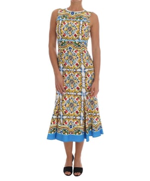 Model: Stijlvol midi-jurk  
Kleur: Wit met majolica-print  
Ritssluiting aan de achterkant  
Logo-details  
Gemaakt in Italië  
Materiaal: 99% Katoen 1% Elastaan  
Voering: 94% Zijde 6% Elastaan