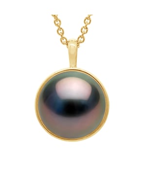 Halskette mit Perlenanhänger, umgeben von gelbgoldenen Verzierungen, die mit Diamanten besetzt sind - Echte kultivierte TAHITI-Perle rund, 10-11 mm - Forçat-Kette in 375 Gelbgold - Länge 42 cm - Lieferung mit Echtheitszertifikat und internationaler Garantie -