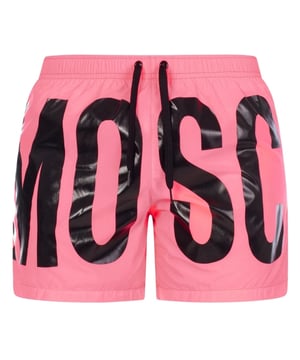 Moschino roze zwemshort, elastische tailleband, trekkoorden, all-over printlogo, 100% polyester, gemaakt in Italie, groot merklogo rondom, merklogo, roze zwemkleding