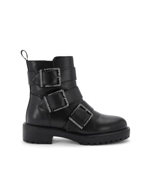The KG Kurt Geiger Trixie Gem is a black ankle boot. There are three straps across the foot each with a gunmetal crystal buckle.