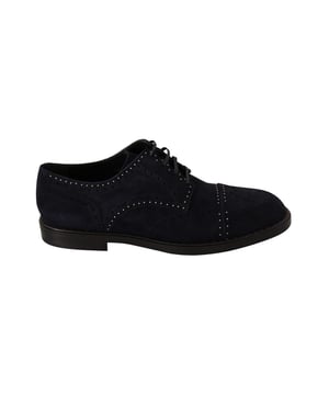 Brand new with tags
  100% Authentic Dolce & Gabbana
  Lace-up derby shoes
  Blue color with silver studs
  Round toe
  Leather sole
  Made from 100% suede
  Rubber soles for added comfort
  Prominent logo details
  Exclusively made in Italy
  High craftsmanship
Material: 100% Suede