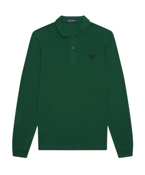 Fred Perry Green Polo Shirt, Plain Polo Shirt, 100% Cotton, Button Closure At The Neck. Elasticated Sleeve Endings, Long Sleeve, Dark Green Polo
