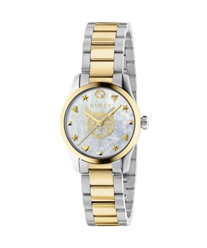 Supplier Code YA1265012Range G-TimelessStrap/Finish Stainless Steel,Gold Tone,Bi-Metal,Ion Plated/PVDStrap Type BraceletWatch Movement QuartzWater Resistancy 50mCase Size (mm) 27Dial Colour Mother of PearlMarkers BatonsClasp Type Deployment BuckleGlass Type Sapphire Crystal GlassWarranty 2 Years