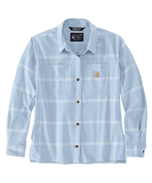 *Sizing Note* Carhartt are more generously sized, you may need to consider dropping down a size from your traditional workwear clothing. LOOSE FIT. 5.6 oz/yd - 190 gsm. 97% Cotton/3% Elastane. Stretch flannel. Rugged Flex - Allows for more movement. Two-piece stand collar. Two chest pockets, Left chest pocket with pencil opening and additional panel for added storage. Button front closure. Two-button adjustable cuffs with extended plackets. Triple stitched main seams.