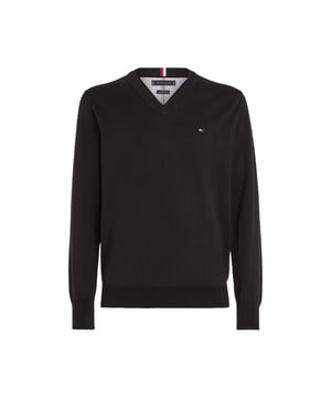 Mens Tommy Hilfiger 1985 Collection Organic Cotton V-Neck Jumper in black.- V- Neck.- Ribbed cuffs and hem.- Embroidered logo.- Knitted.- 81% Organic cotton  19% Polyester.  Machine washable.- Ref: MW0MW30956BDS