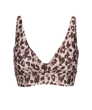 96% Polyester, 4% Elastane. Fabric: Stretch. Design: Leopard Print, Logo. Fastening: Clasp. Neckline: Deep V. Adjustable Shoulder Strap, Branded Tab, Cross Front, Padded Cups, Textured. Fabric Technology: Durable, Quick Dry. Sustainability: Made from Recycled Materials.