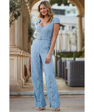 We predict complimentsStunning all-over laceFramed by an ultra-feminine sweetheart neckline and cap sleevesWaist-cinching buckle beltElongating softly flared legsBarely-there heels is all it needsInside leg to fit: 27"