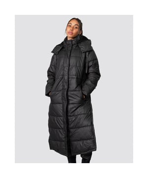 Size/Fit Summary: True to size, Regular fit. Centre back measurement for Size S is 121cm and sleeve length from shoulder point is 57cm.
Note: This Puffer Coat has been fully padded for optimum warmth, so it may retain a stiffer shape on some figures.
The Women's Intrepid Puffers offer superior protection from the elements on winter excursions with the addition of an internal carry strap to allow for effortless travel on your shoulders. Crafted from a water-repellent 100% recycled nylon shell and featuring soft padded insulation, this rubberised long puffer coat has side zips for free movement and will keep you warm in temperatures as low as -25°C (-13°F).

Certified vegan
Water-resistant
Recycled shell fabric has a light coating for a rubber touch feel
Highly insulated using eco-friendly filling made from recycled plastic bottles
Removable fleece lined zip hood for added warmth
Front pockets with a knuckle side liner for added warmth
Centre front Hunter branded zip and webbing drawcords
Internal chest pocket with zip closure
Soft ribbed cuffs for comfort and added insulation
Large side vips at hem for easy movement
Internal carry strap which can be worn on shoulders
Can be worn in temperatures as low as -25°C

Product code: WRO1408RTN