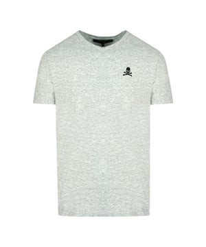 Camiseta V-Neck de Ropa Interior en Gris con Logo de Calavera y Huesos Cruzados de Philipp Plein. Camiseta Gris de Philipp Plein. Ajuste Elástico 95% Algodón, 5% Elastano. Logo de Calavera y Huesos Cruzados de la Marca Plein. Camiseta de Manga Corta, Colección de Ropa Interior. Código de Estilo: UTPV01 94.