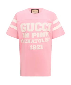 Gucci Pink Tee, 100% Cotton, Made In Italy, Eschatology On Front, 25 On Back, This tee is Oversized in length, your regular fit should be perfect for this tee but be aware the length is longer than a typical tee. 