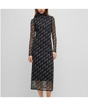 Womens HUGO Neshy Dress in multi colour.- Turtleneck.- Long sleeves.- Topstitched hem-edge.- Semi transparent with opaque underdress.- All-over script print.- Fitted design.- Midi length.- Main material: 92% Polyester  8% Elastane.  Lining: 90% Polyester  10% Elastane.  Machine washable.- Ref: 50489186961